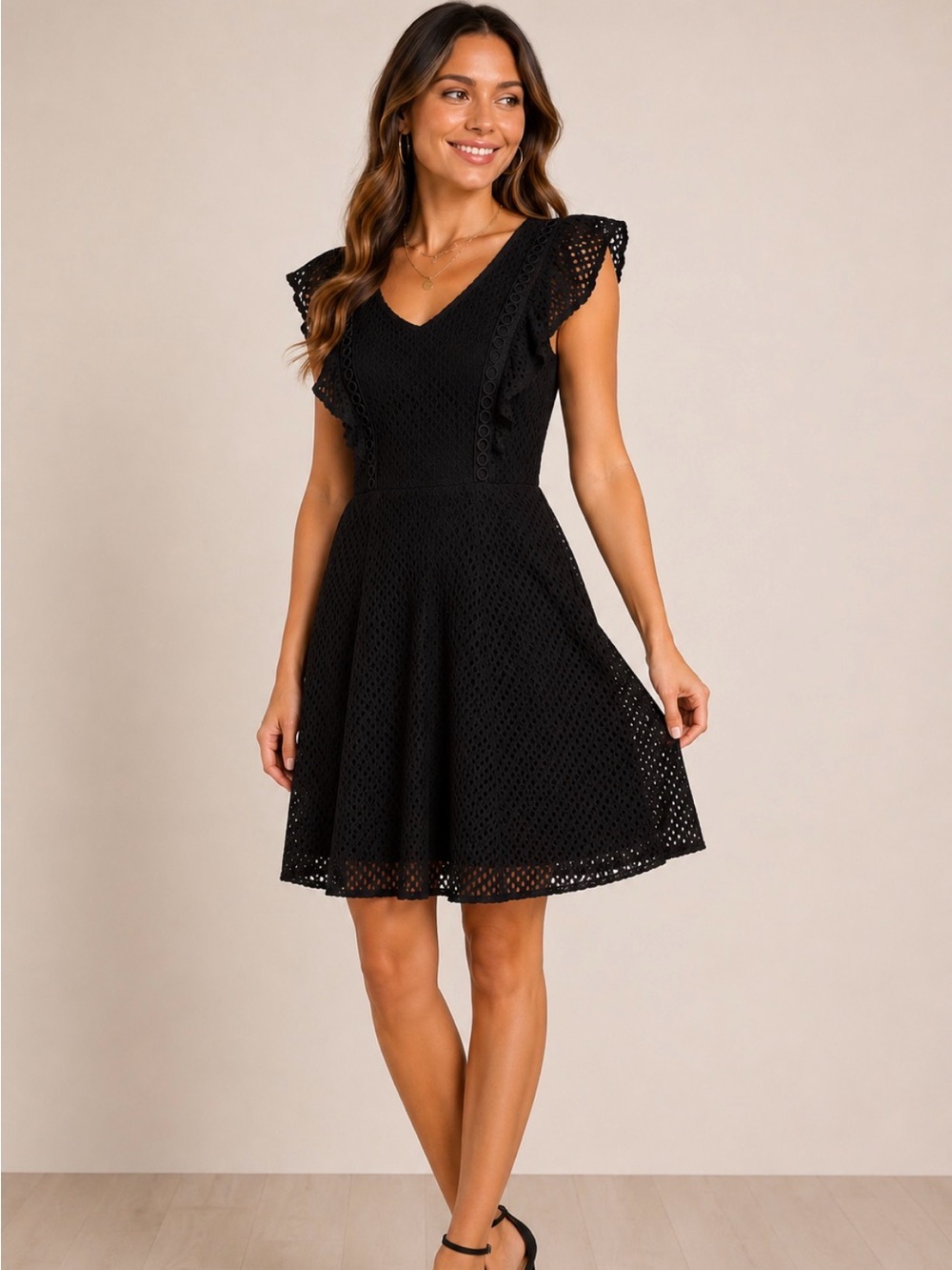 She + Sky Black Eyelet Ruffle Midi Dress Size Large